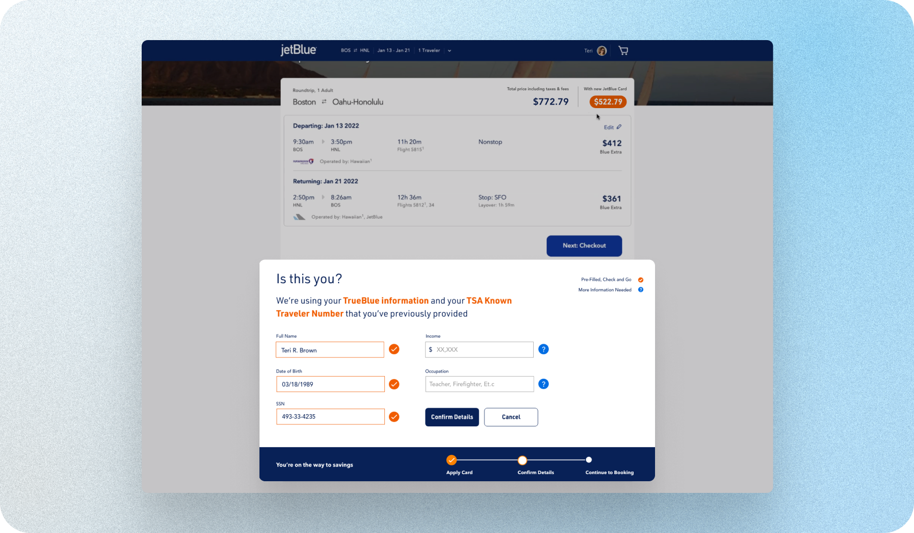 Acquisition flow inside the JetBlue booking experience